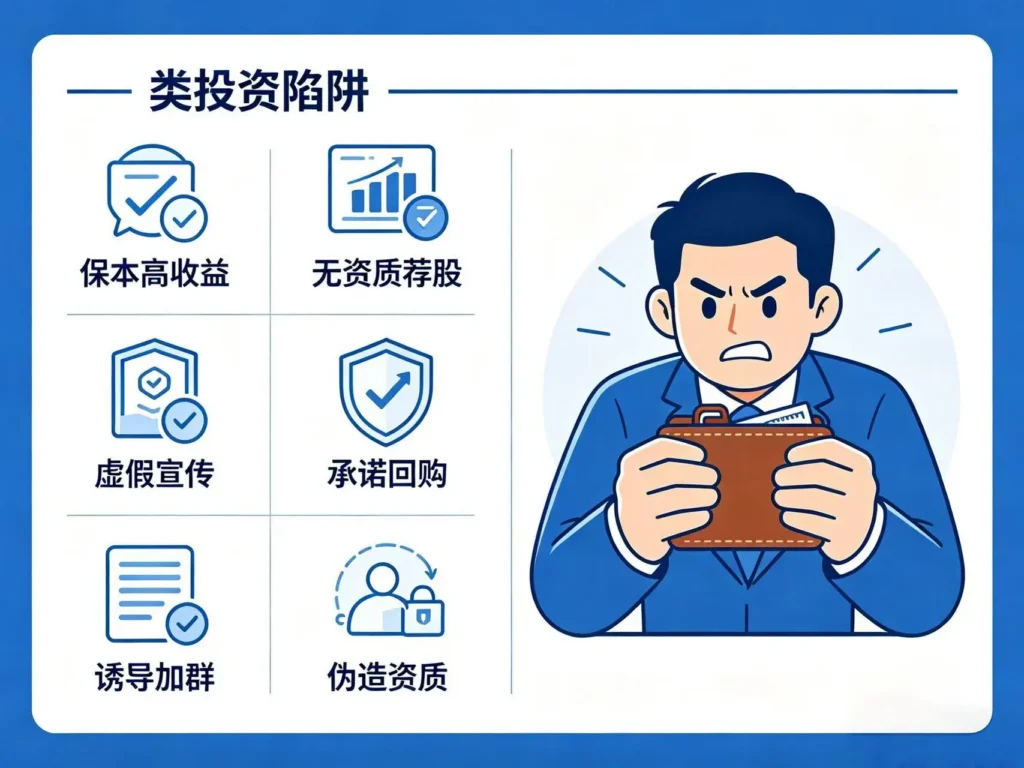 六大常见理财投资骗局图解，保本高息、无资质荐股、庞氏非法集资、违规代客操盘、虚假理财宣传、热点跟风投资风险警示金融知识配图