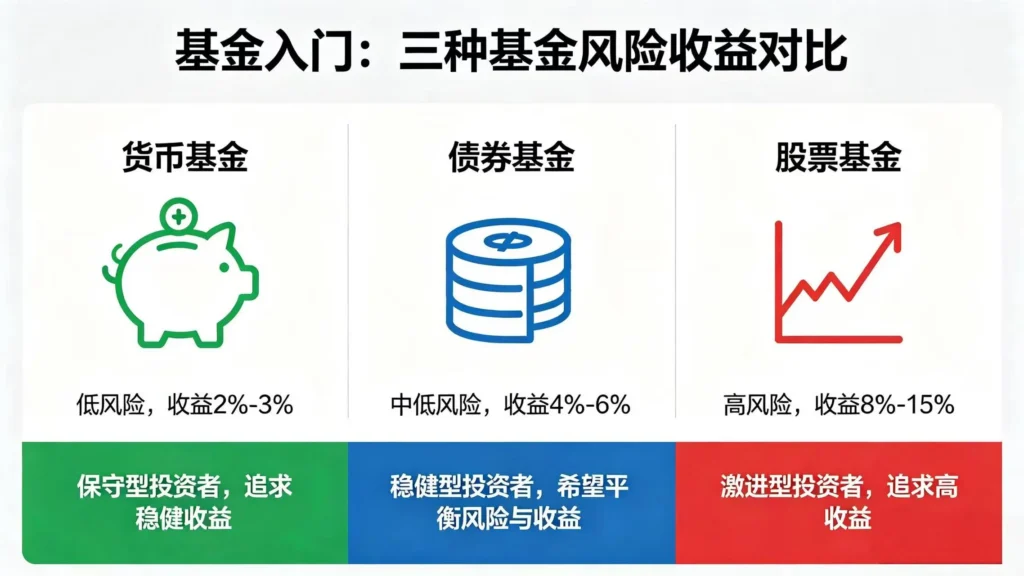 该配图通过可视化图表展示了货币基金、债券基金、股票基金的风险与收益对比，直观呈现了不同基金的特点以及适配的投资人群与场景。