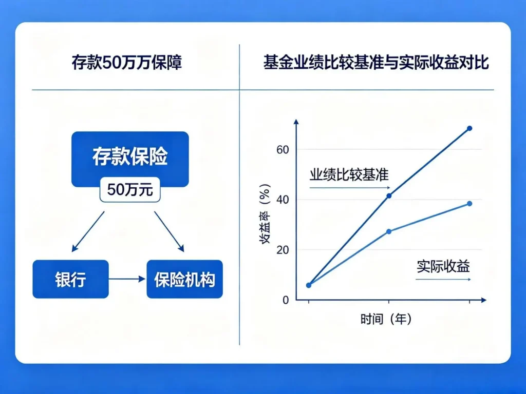 2026 六大理财新规要点示意图，基金业绩基准披露、风险等级匹配、存款 50 万赔付、净值型理财波动、打击非法荐股金融知识配图