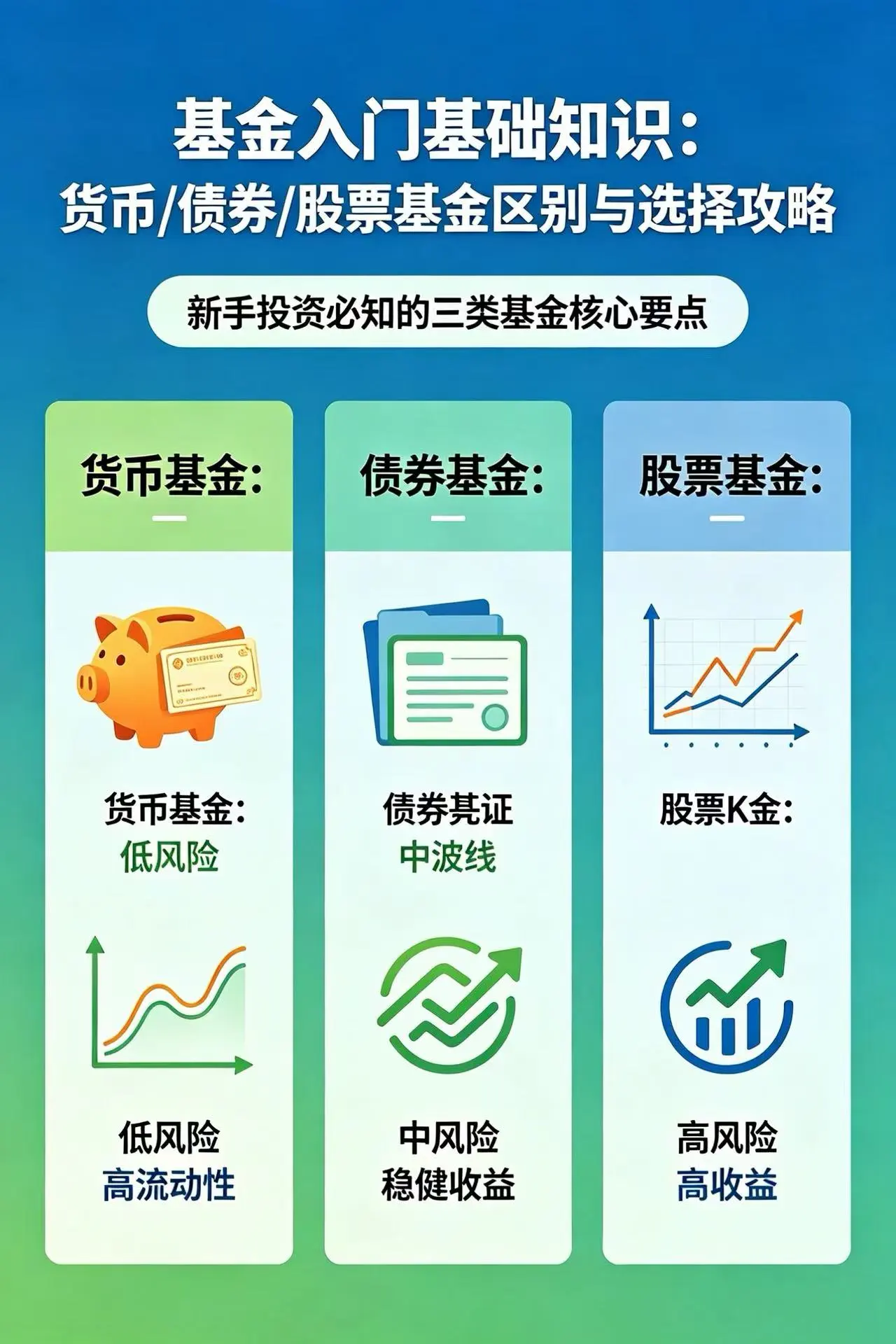 基金入门基础知识：货币基金、债券基金、股票基金区别及选择攻略