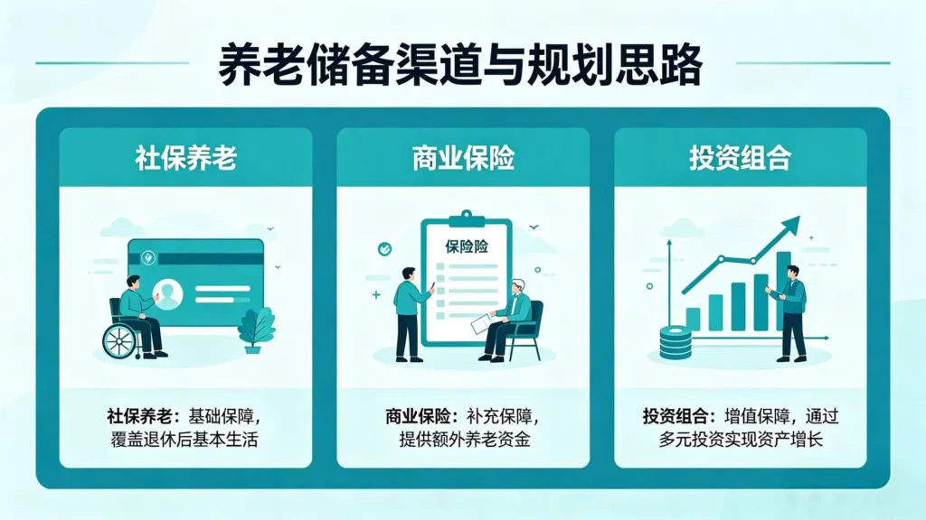 该配图展示了社保养老金、商业保险以及基金投资等多种养老储备渠道，直观诠释了多维度构建养老保障的规划思路。