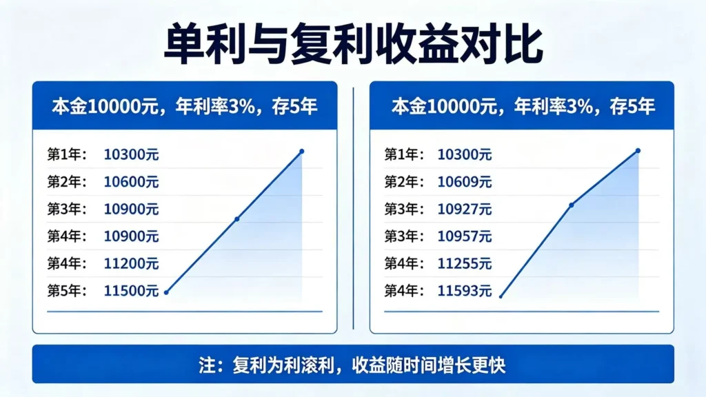 对比单利复利收益，展现时间财富增长