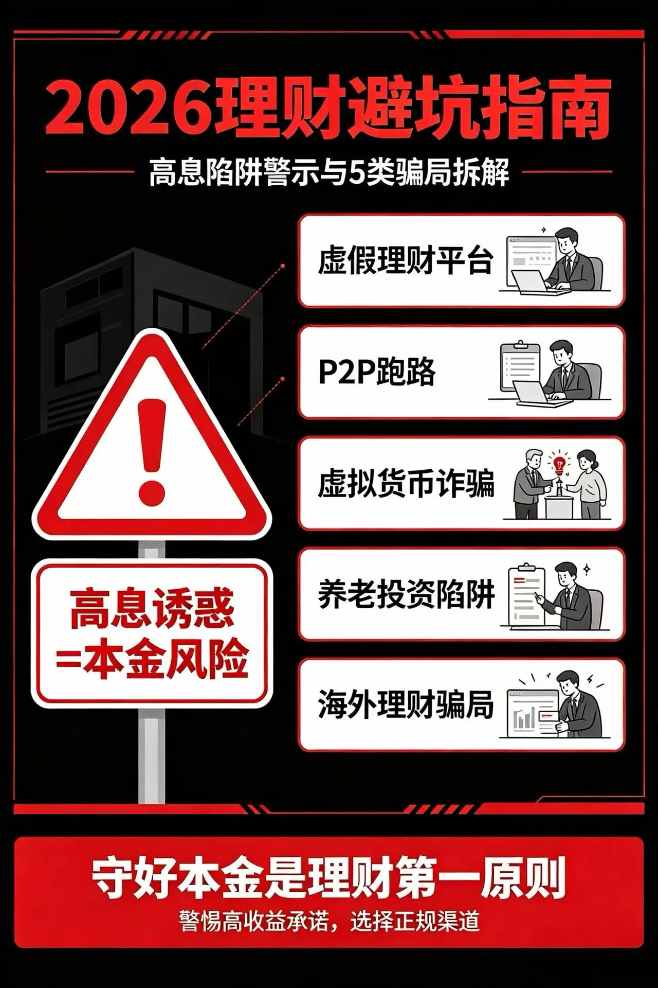 2026 理财避坑指南封面 - 5 类高息陷阱识别，守住本金、防范非法集资、虚拟币诈骗全攻略