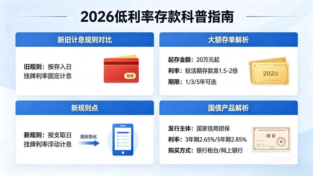 行存款科普配图 - 新旧存款计息规则对比、阶梯储蓄法、国债大额存单合理配置方案
