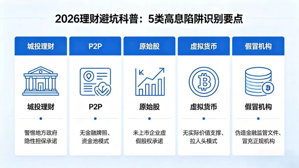 理财避坑科普配图 - 城投理财、P2P、原始股、虚拟货币、假冒金融机构 5 类骗局特征与防骗技巧
