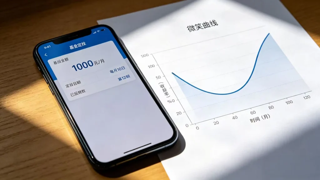 A 股基金定投微笑曲线原理示意图，指数基金涨跌摊薄成本，工薪族基金定投理财实操知识配图