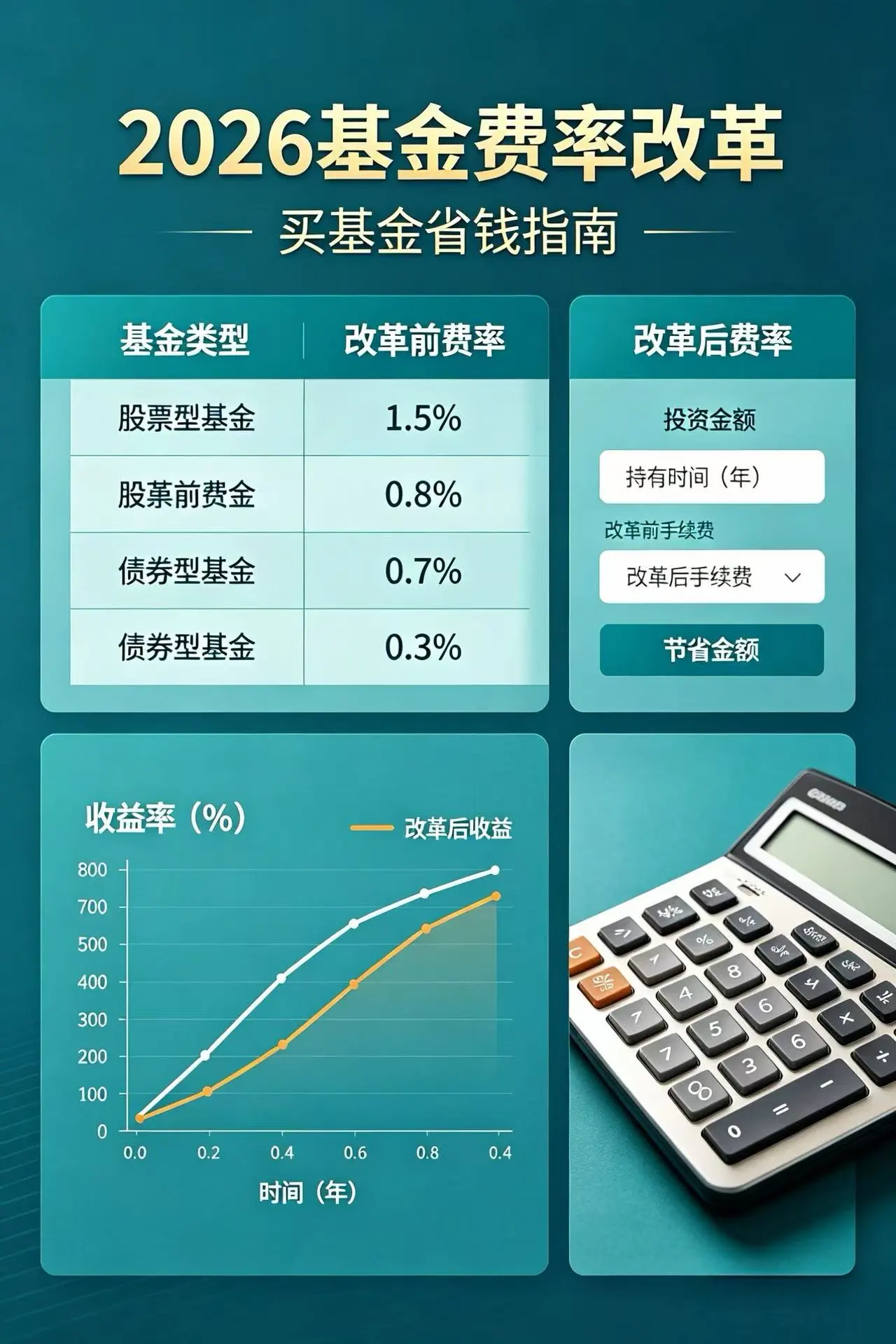 2026 基金费率改革封面 - 申购费打五折，长期持有更省钱，新手买基金费率对比攻略