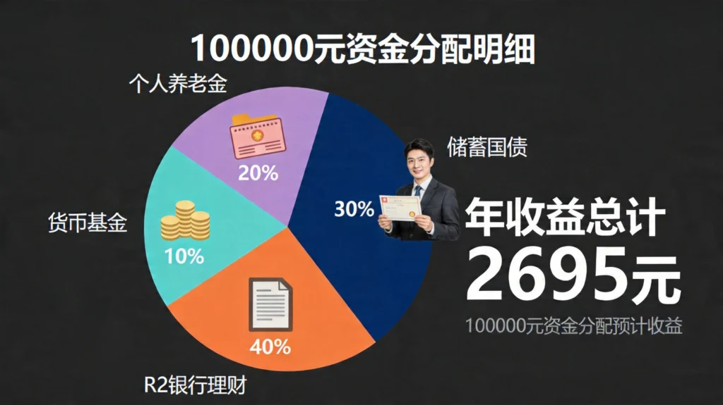10万元资产配置饼图，国债30%、理财40%、养老金20%、货币基金10%，年收益约2695元