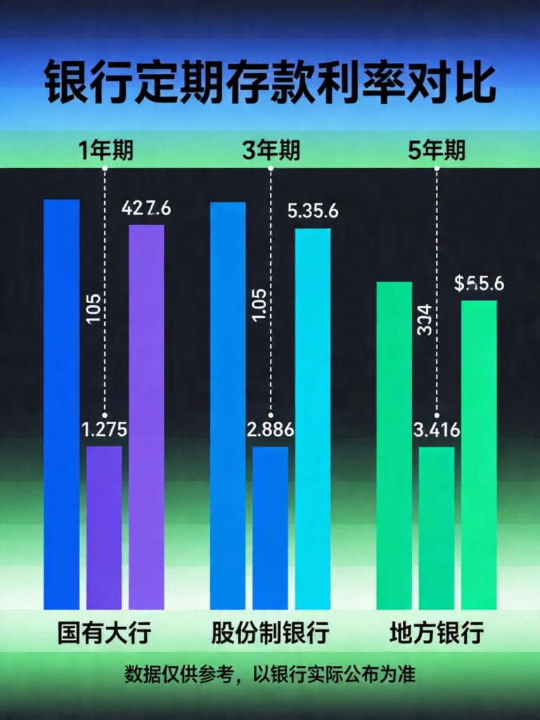 银行存款利率梯队对比图，国有大行、股份制、地方银行三档利率差异明显