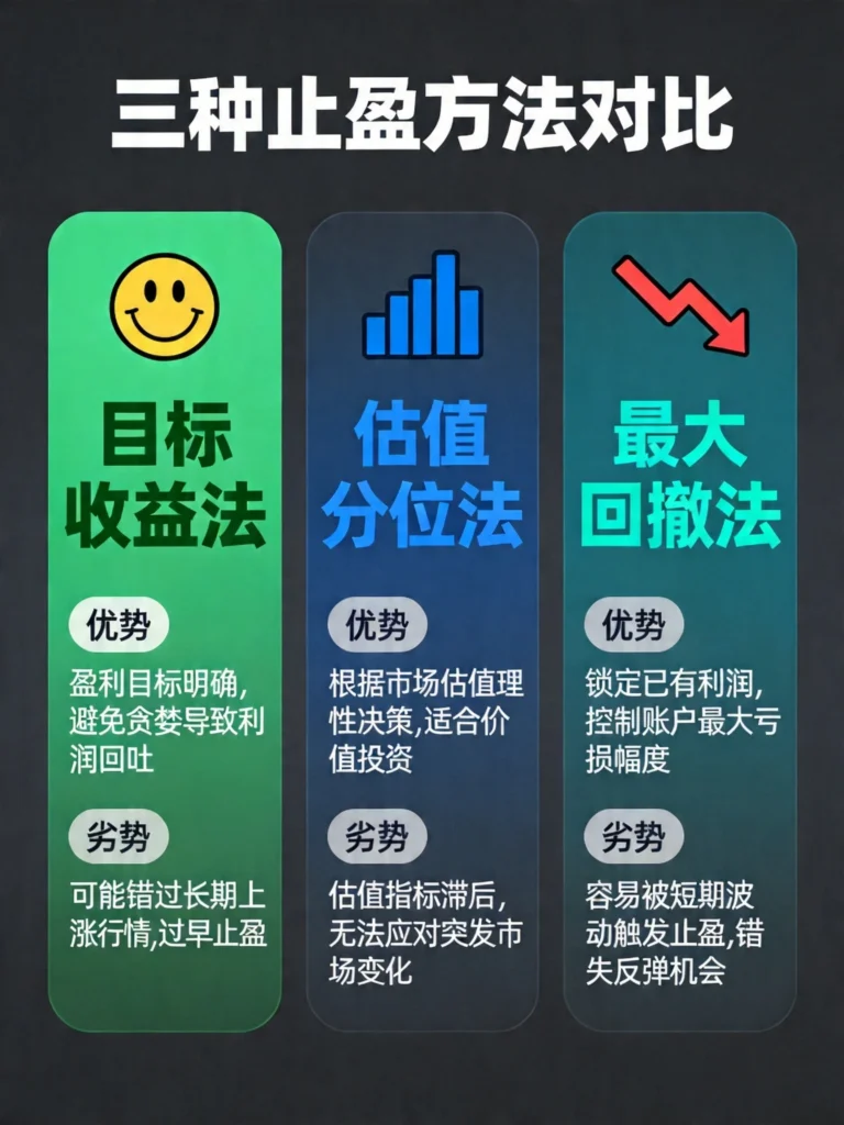 三种止盈方法对比图，目标收益法、估值分位法、最大回撤法各有优劣