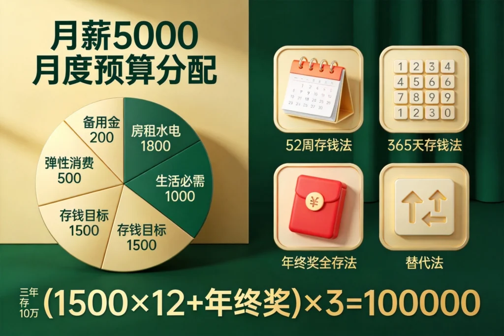 月薪5000预算分配饼图配合四个实用存钱技巧卡片