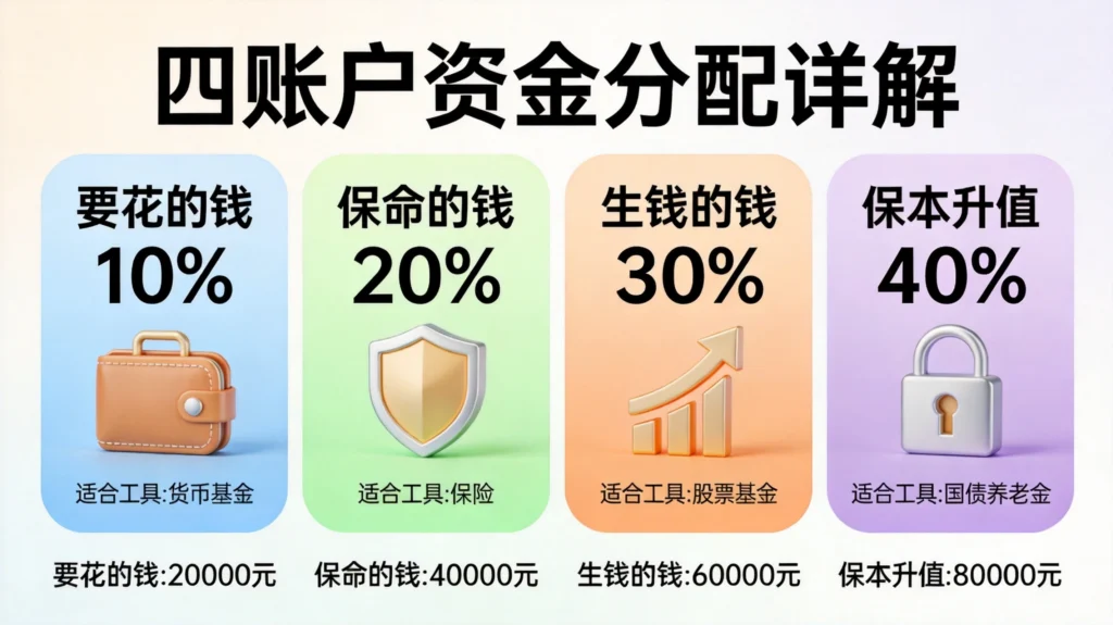 四卡片横向排列详解各账户功能比例工具，底部展示年收入20万案例分配
