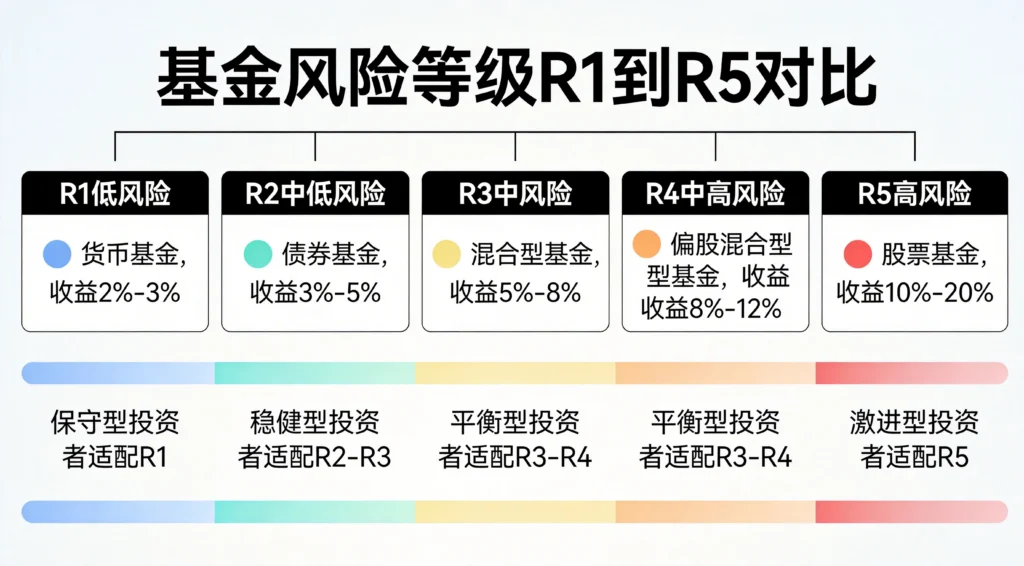 基金风险等级R1到R5与货币基金、债券基金、股票基金的风险收益对应关系图