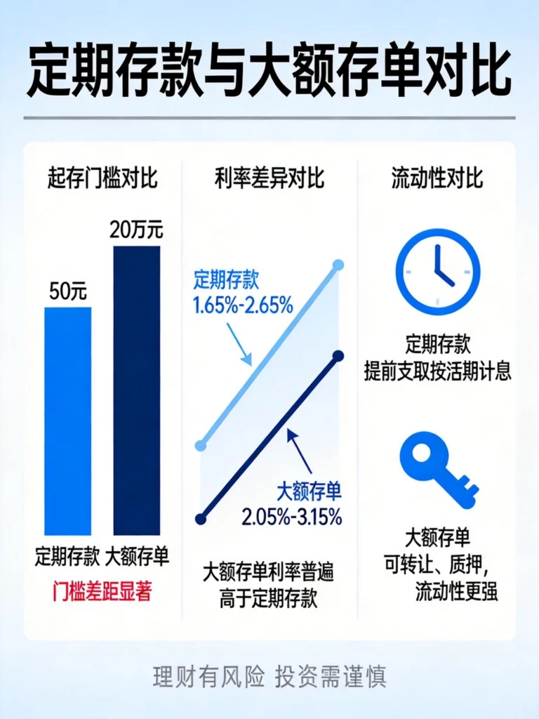 定期存款与大额存单对比信息图，可视化展示起存门槛、利率差异和流动性三大核心差异
