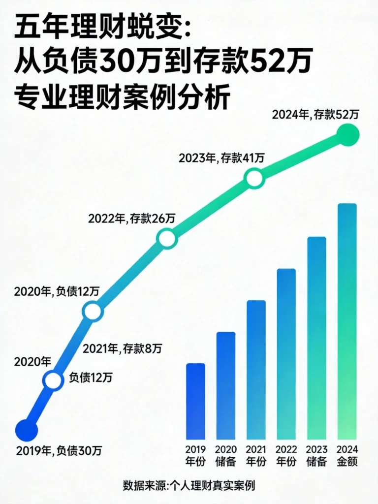 理财案例数据可视化图，清晰呈现五年从负债30万到存款52万的财务变化轨迹