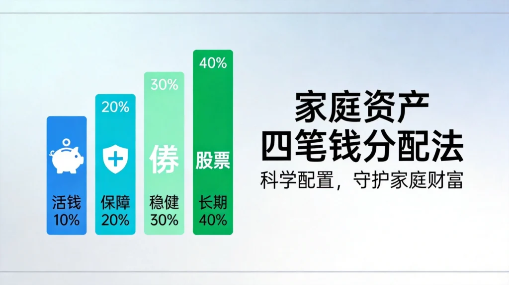 家庭资产配置四笔钱分配法，活钱10%、稳健30%、长期40%、保障20%的比例规划