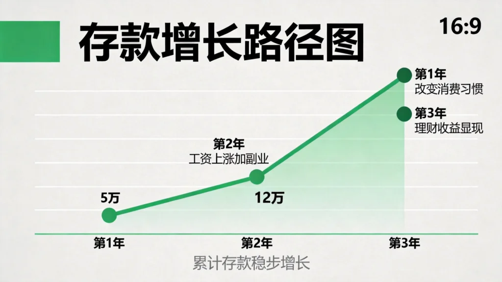 三年存款增长路径图，从第1年5万到第3年30万的理财逆袭历程