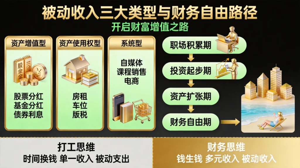  被动收入三大类型与财务自由四阶段实现路径全景信息图