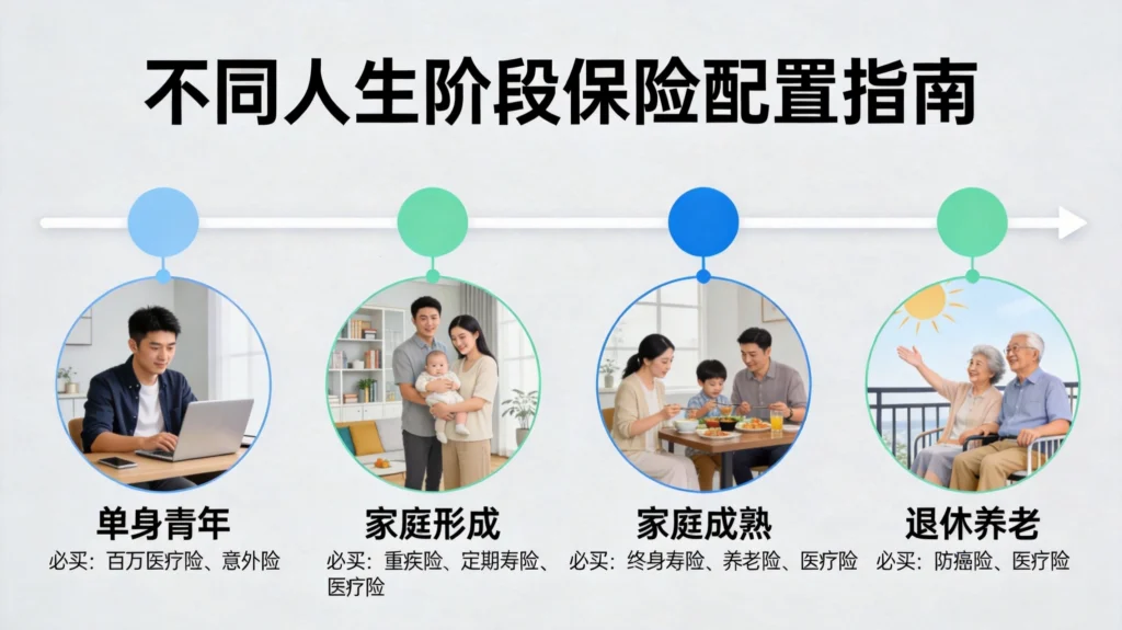 人生四阶段保险配置清单：单身青年期、家庭形成期、家庭成熟期、退休养老期必买保险类型