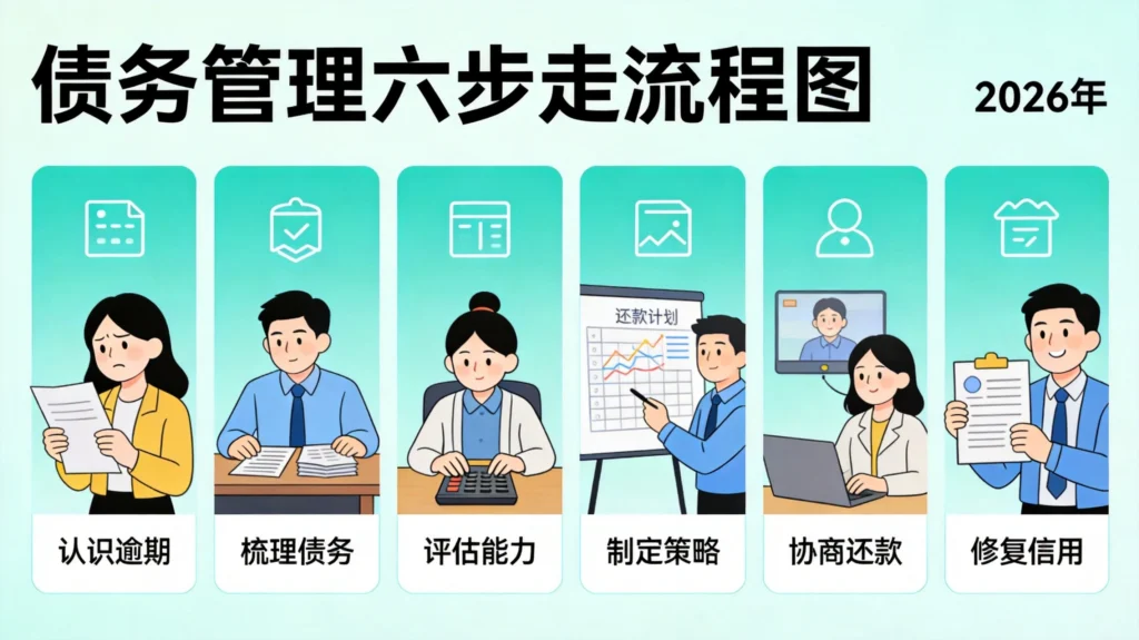 债务管理六步流程图，从逾期应对到信用修复完整路径