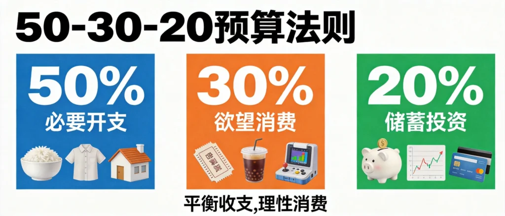 50-30-20存钱法则数据图表，工资理财分配比例示意图
