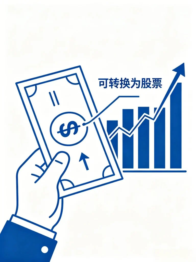 一张解释可转债原理的插图，一只手拿着一张债券，箭头指向上涨的股票 K 线图，清晰展示了可转债可转换为股票的特点。