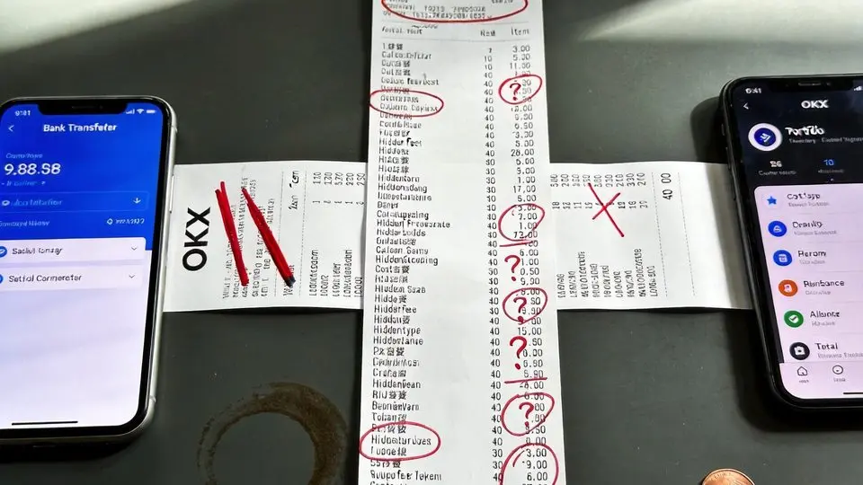 两张手机之间铺开的计算器纸带——银行卡充值vs C2C充值成本逐行对比