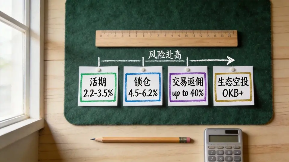四张彩色边框手写索引卡排成一行——活期/锁仓/返佣/空投收益层级速查