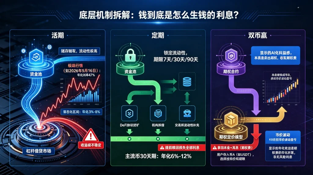 三种加密理财产品（活期、定期、双币赢）的底层机制