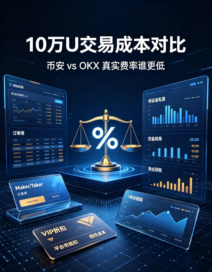 两家交易所交易成本全对比:10万U月交易量实测,Maker/Taker费率+VIP折扣+BNB/OKB抵扣,谁隐性成本更低