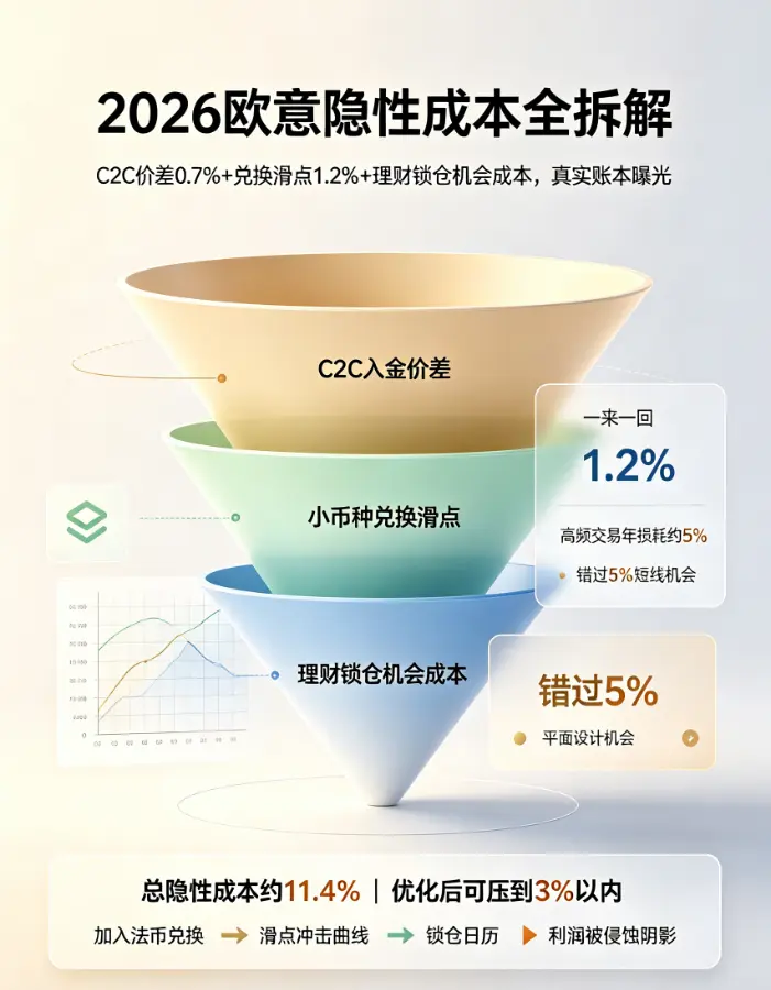 欧亿隐性成本全拆解：C2C价差0.7%+兑换滑点1.2%+理财锁仓机会成本，真实账本曝光