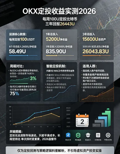 定投收益实测:每周100U定投比特币3年回报26,443U,每日/每周/每月周期收益对比全解析